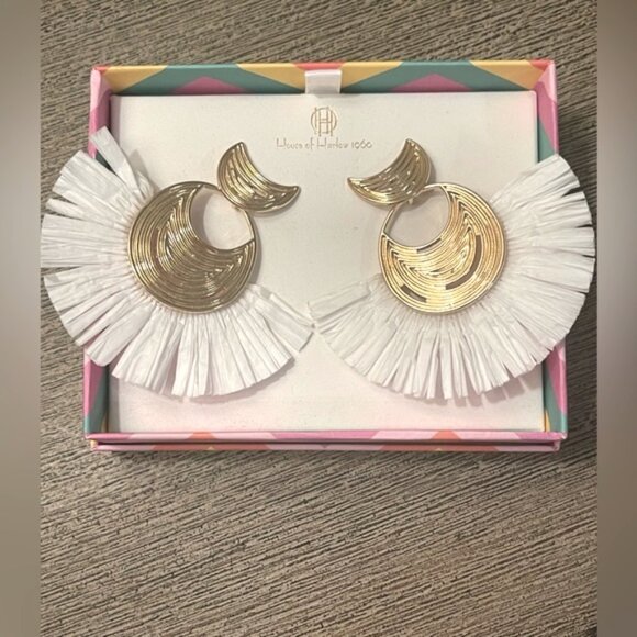 House of Harlow Raffia Earrings White Gold Tone Fans Fringe Big Statement Light - Picture 2 of 5